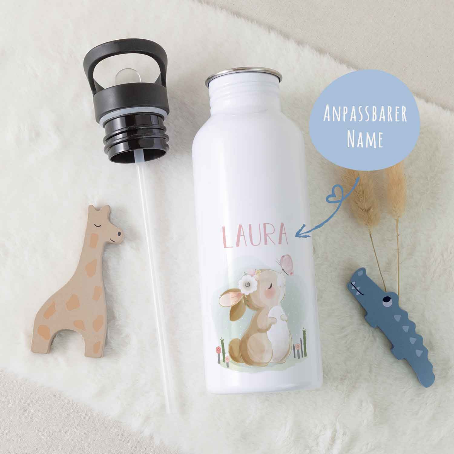 Bedruckte Trinkflasche aus Edelstahl - Hase
