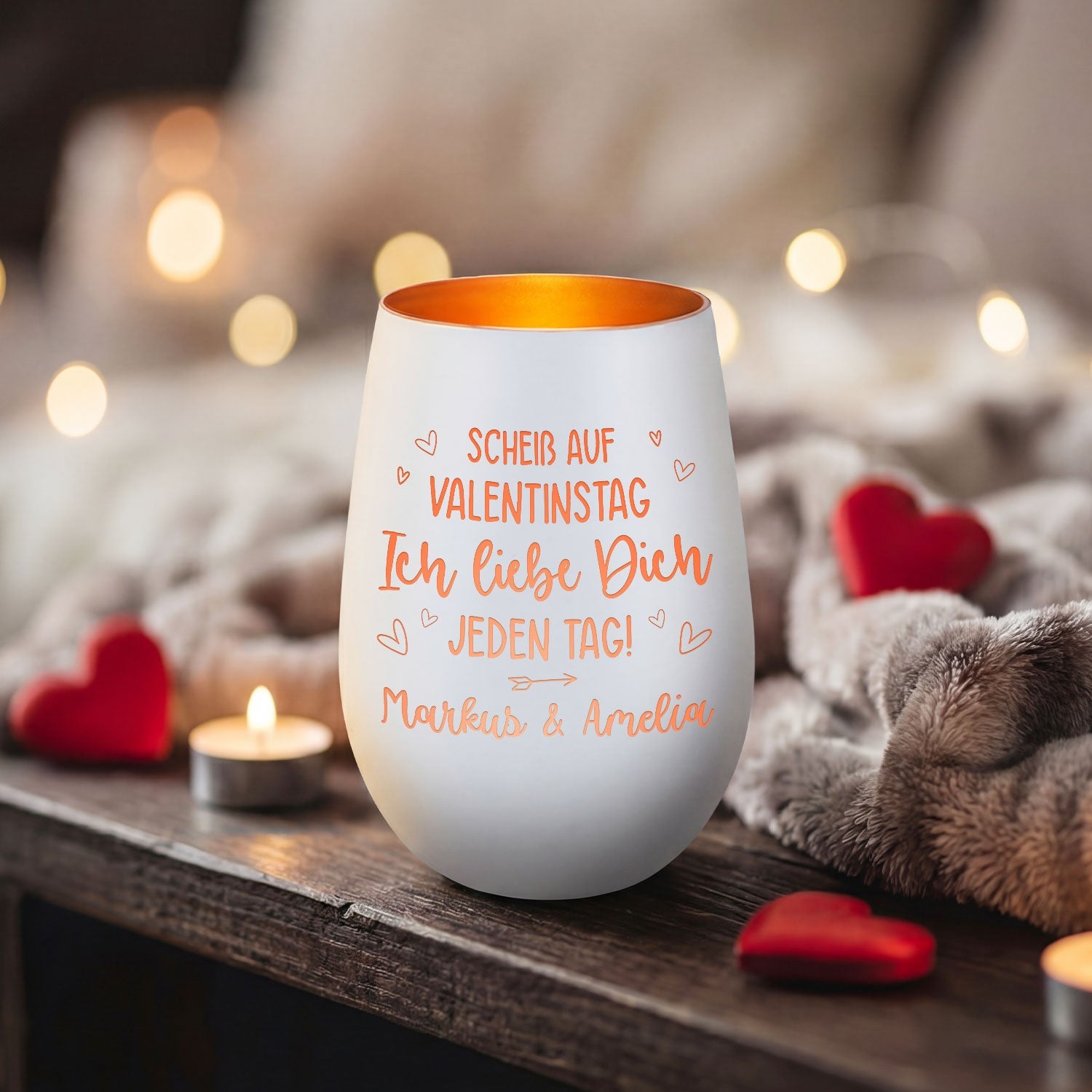 Deko Windlicht aus Glas mit Gravur - Scheiß auf Valentinstag