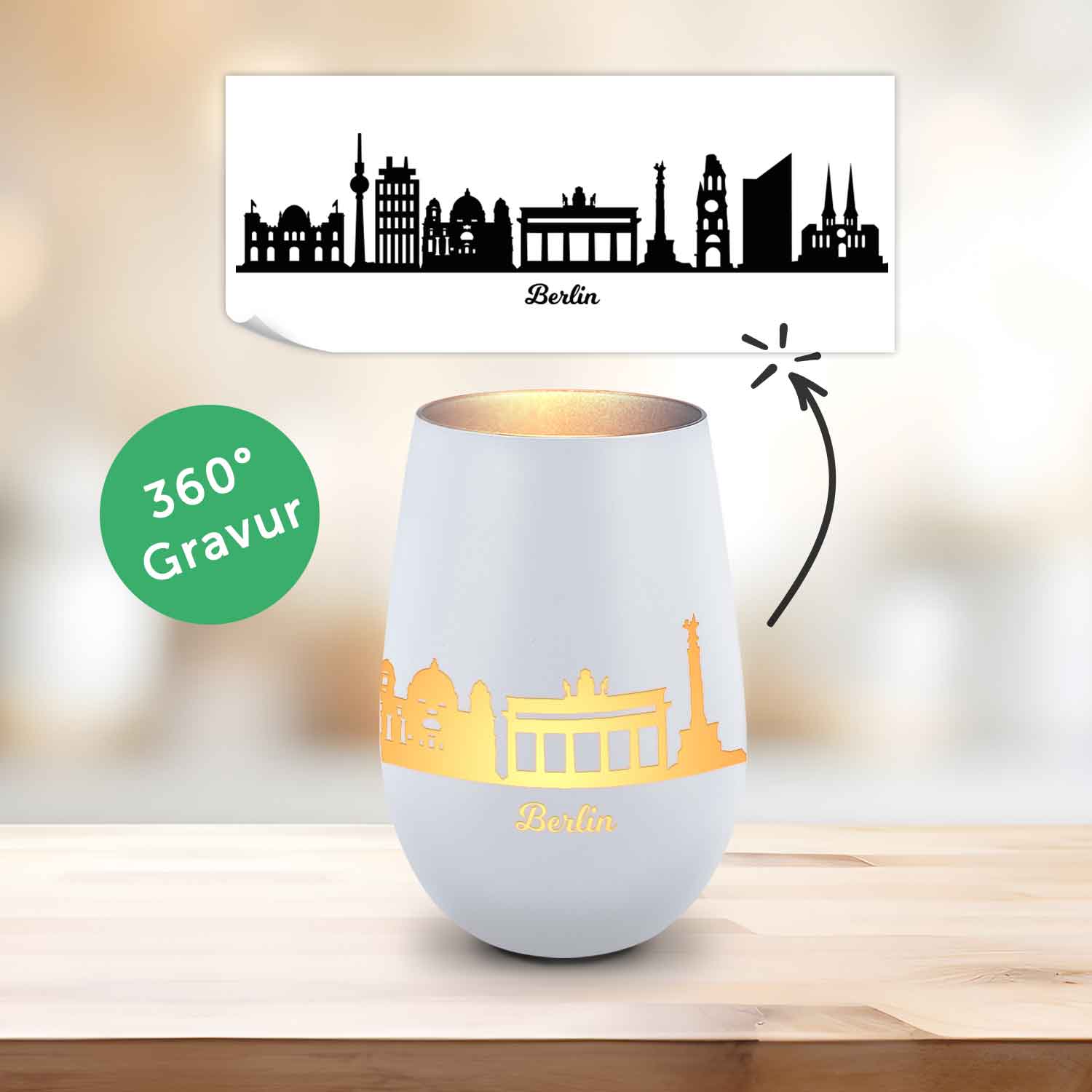 Deko Windlicht aus Glas mit Gravur - Skyline Berlin