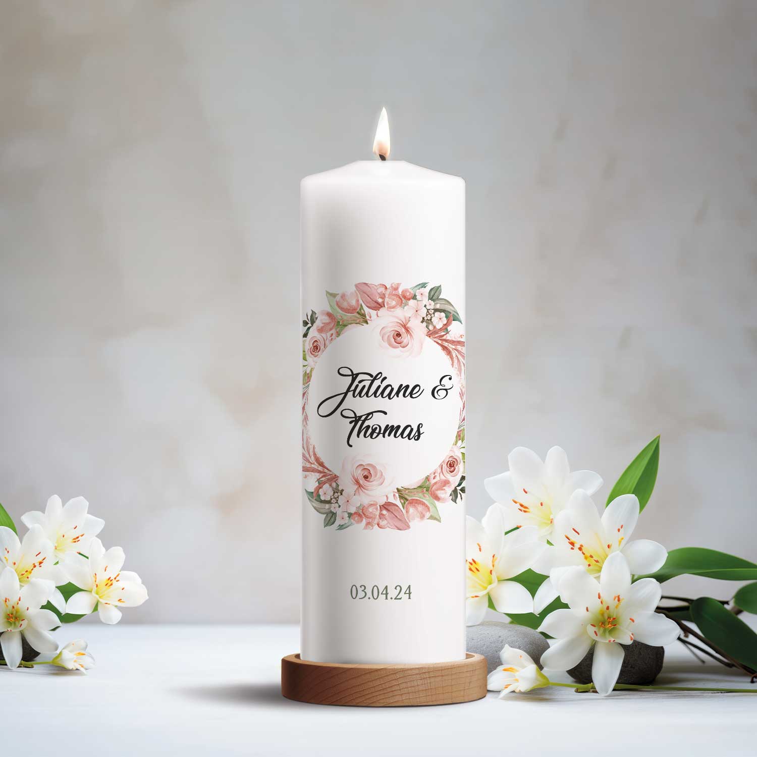 Große Kerze "Floral White" - Hochzeitskerze mit Namen, Datum & Wunschtext