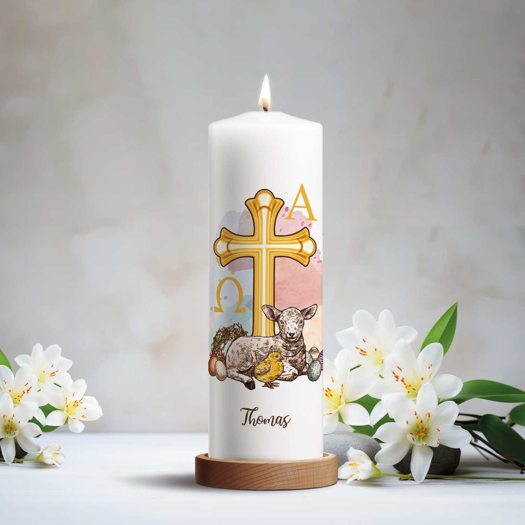 Große Kerze "Osterlamm" mit Namen zu Ostern