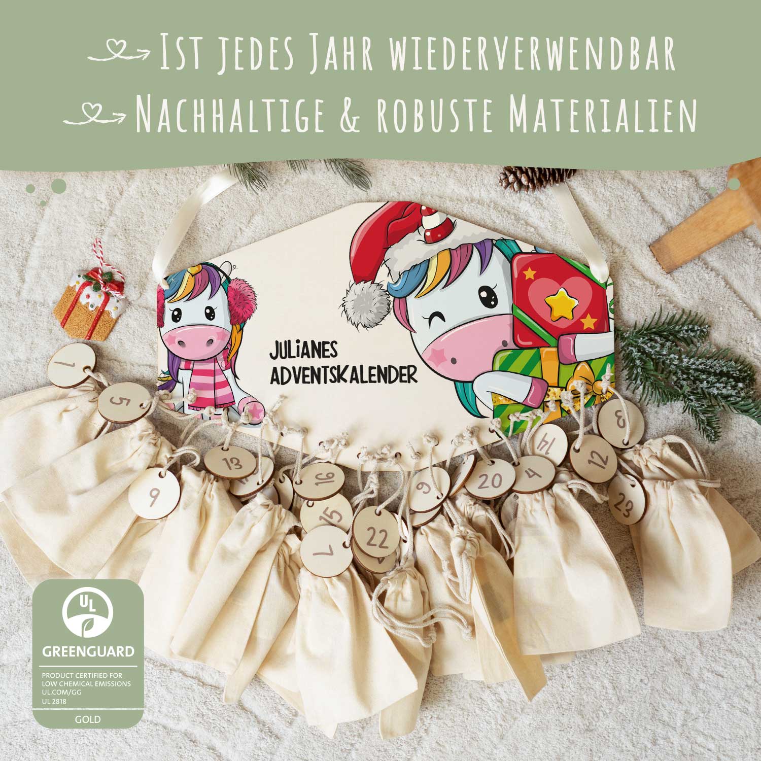 Personalisierter Adventskalender aus Holz mit Druckmotiv & Namen - Einhorn
