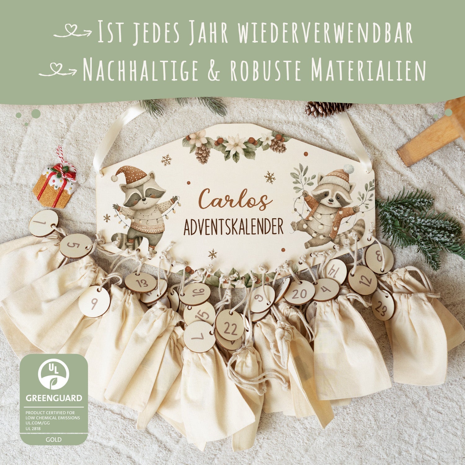Personalisierter Adventskalender aus Holz mit Druckmotiv & Namen - Waschbären