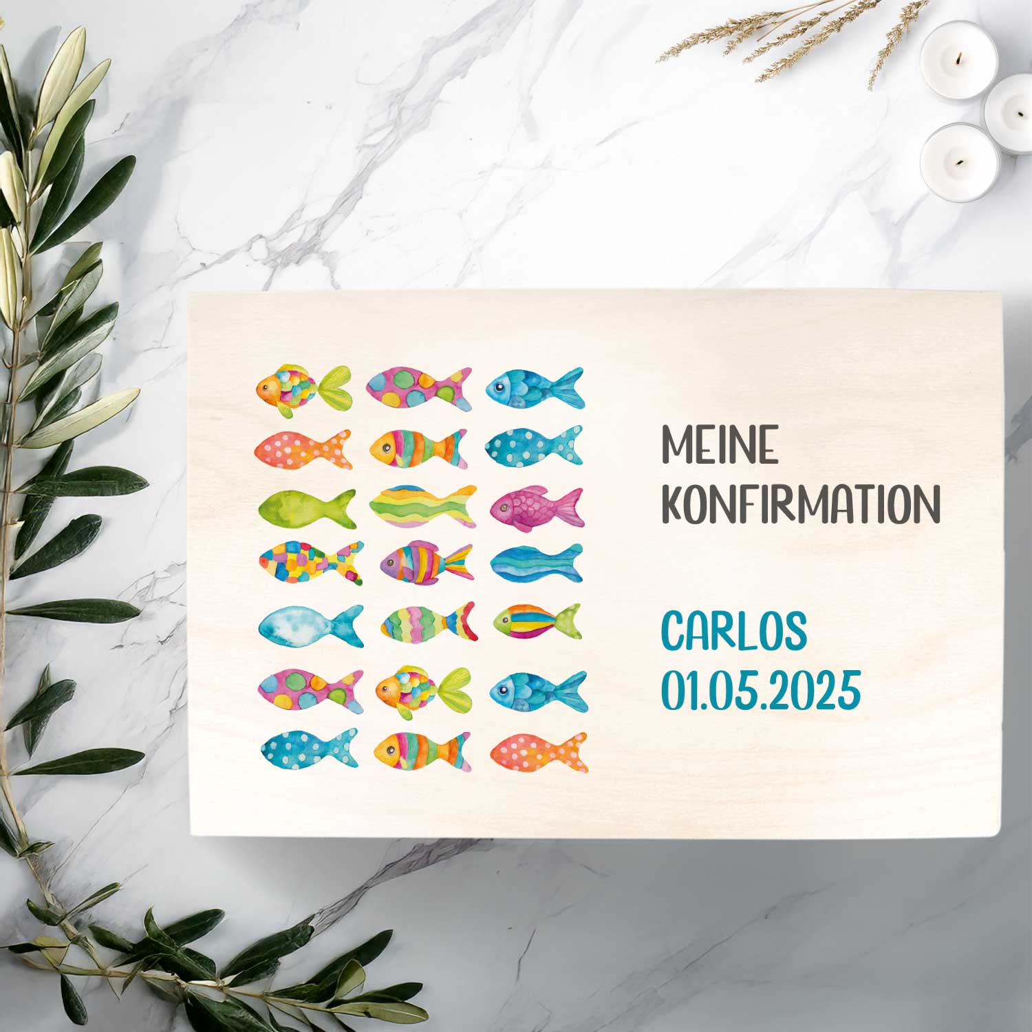 Bedruckte Erinnerungskiste zur Kommunion & Konfirmation - Bunte Fische