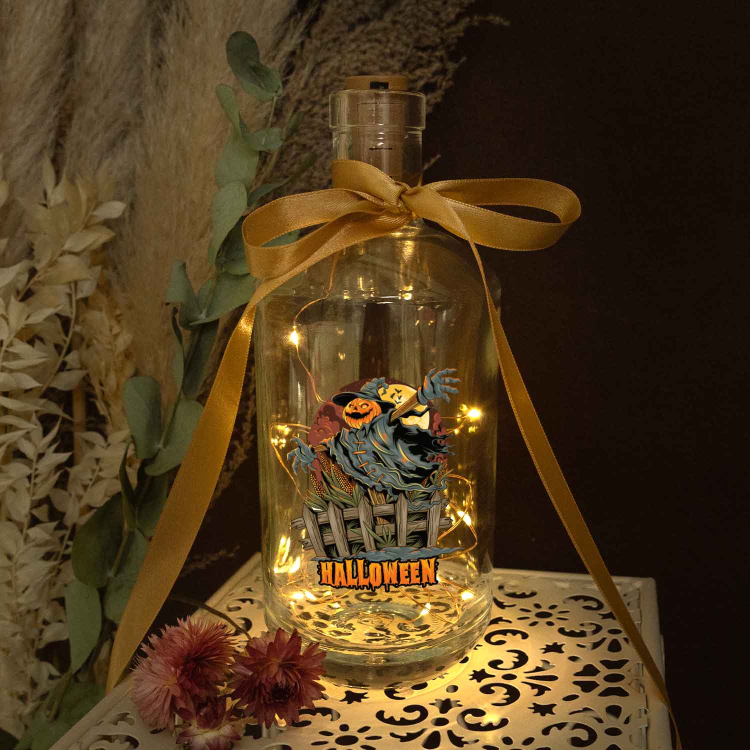 Flaschenlicht mit LED-Lichterkette im Halloween Vogelscheuche V2 UV Design
