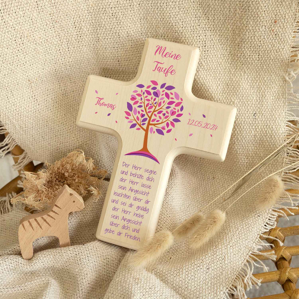 Personalisierbares Holzkreuz zur Taufe Konfirmation und Kommunion - Lebensbaum Design