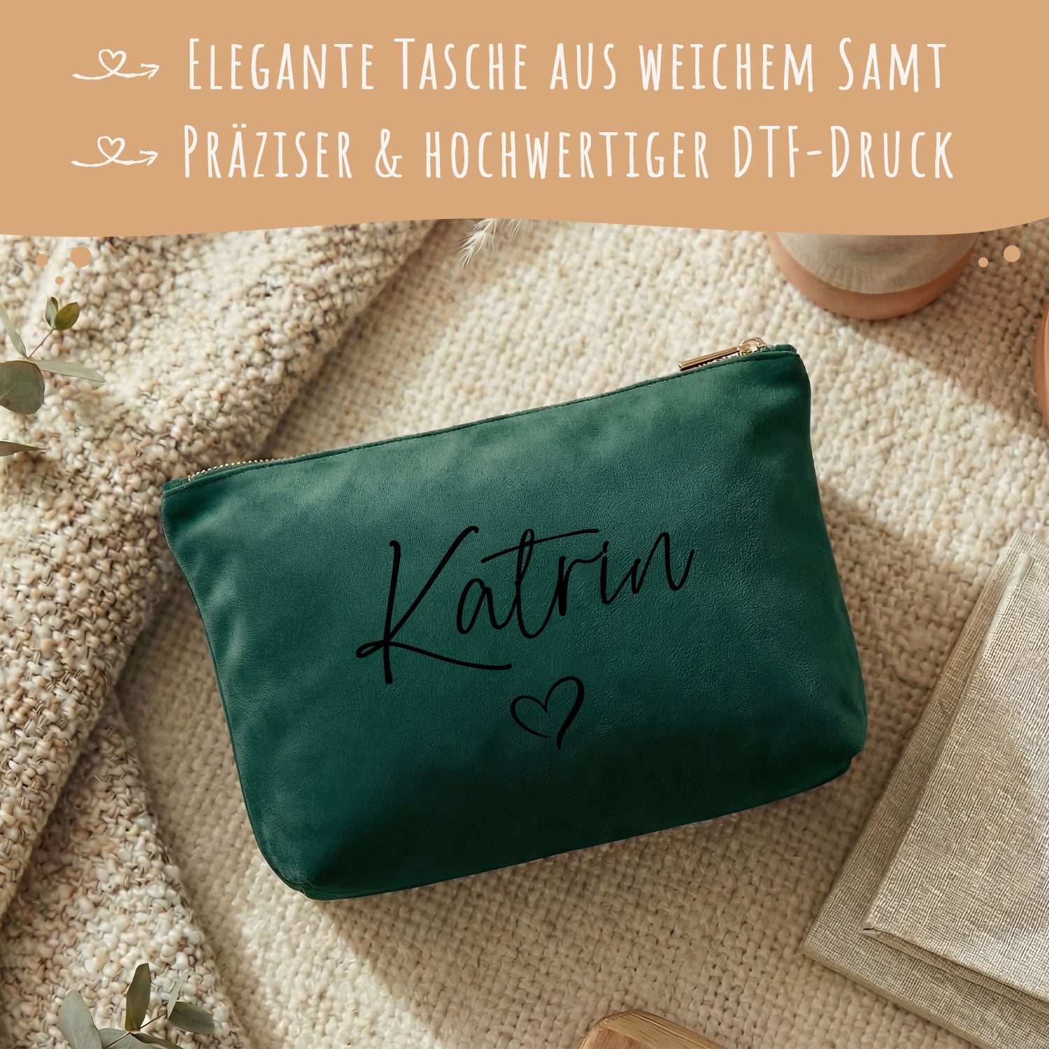 Personalisierte Samt Kosmetiktasche mit Name für Kosmetik & MakeUp