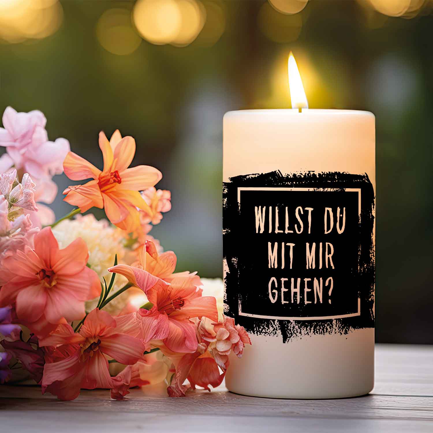 Kleine Kerze mit Spruch "Willst Du mit Mir gehen?"
