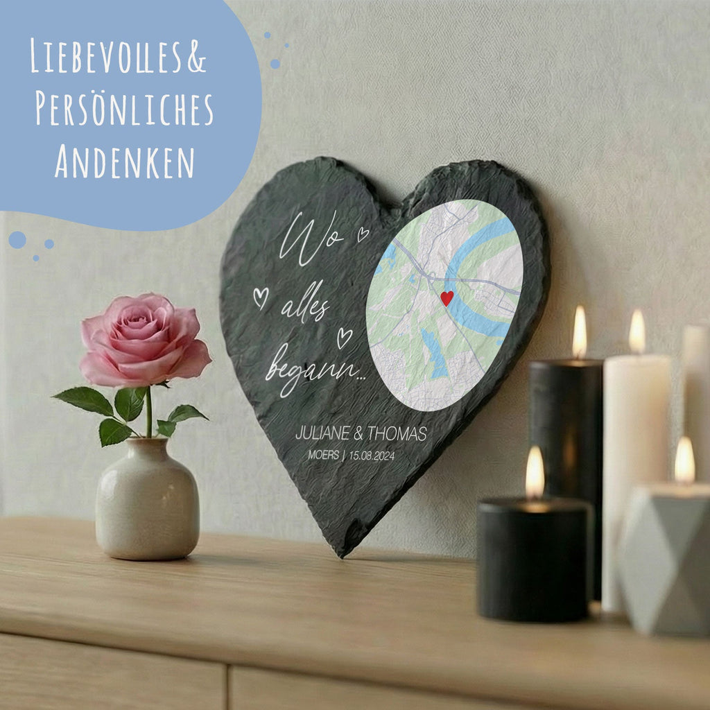Bedrucktes Schieferherz - Wo alles begann - Personalisiertes Geschenk