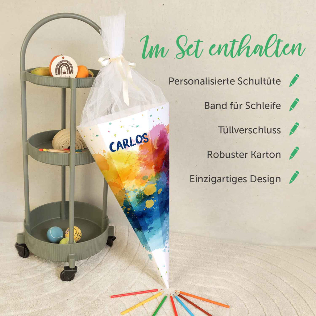 Bedruckte Schultüte mit Namen - Color Splash