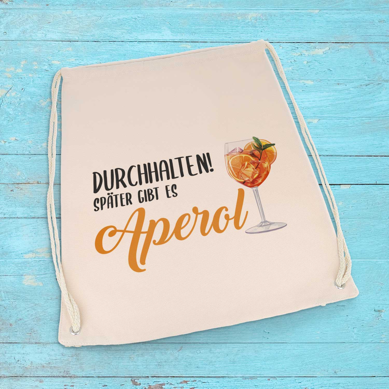 Bedruckter Turnbeutel im Durchhalten später gibt es Aperol Design