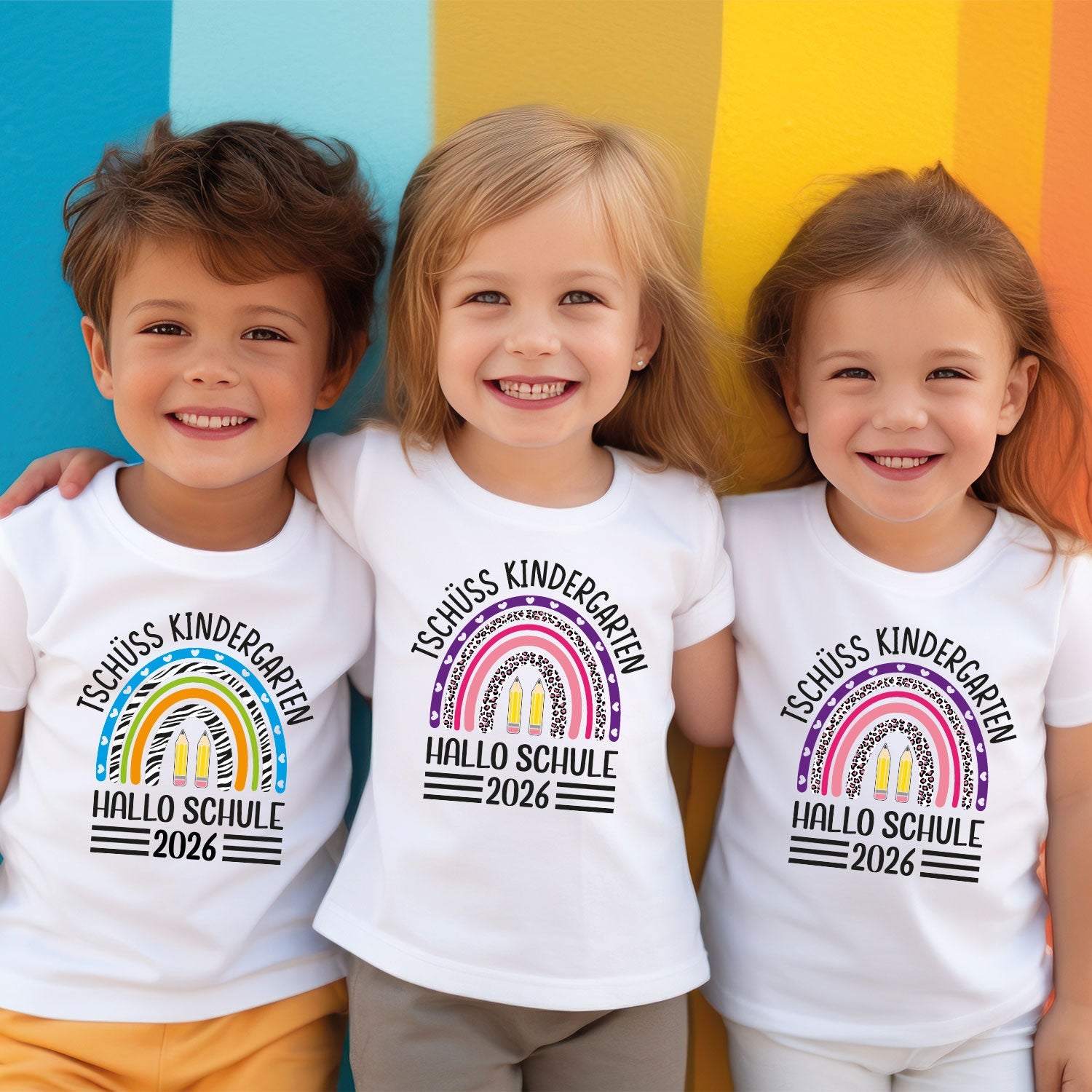 Bedrucktes T-Shirt für Kinder - Tschüss Kindergarten Regenbogen Lila