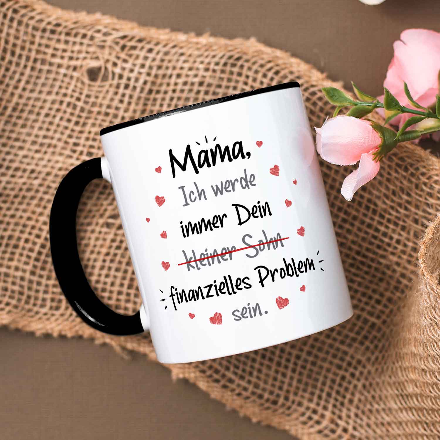 Bedruckte Tasse mit Spruch Finanzielle Belastung