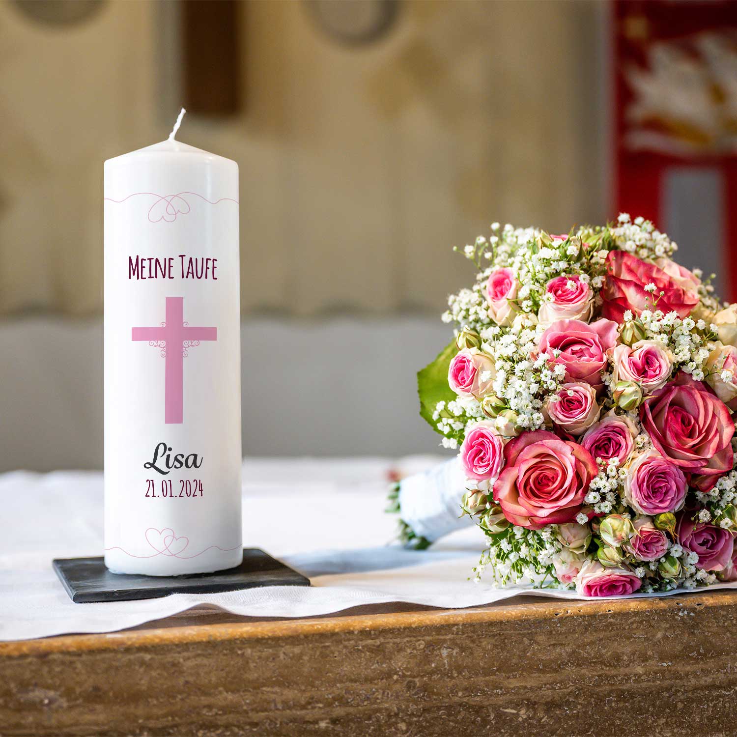 Große Kerze "Kreuz" - Taufkerze mit Namen, Datum & Taufspruch
