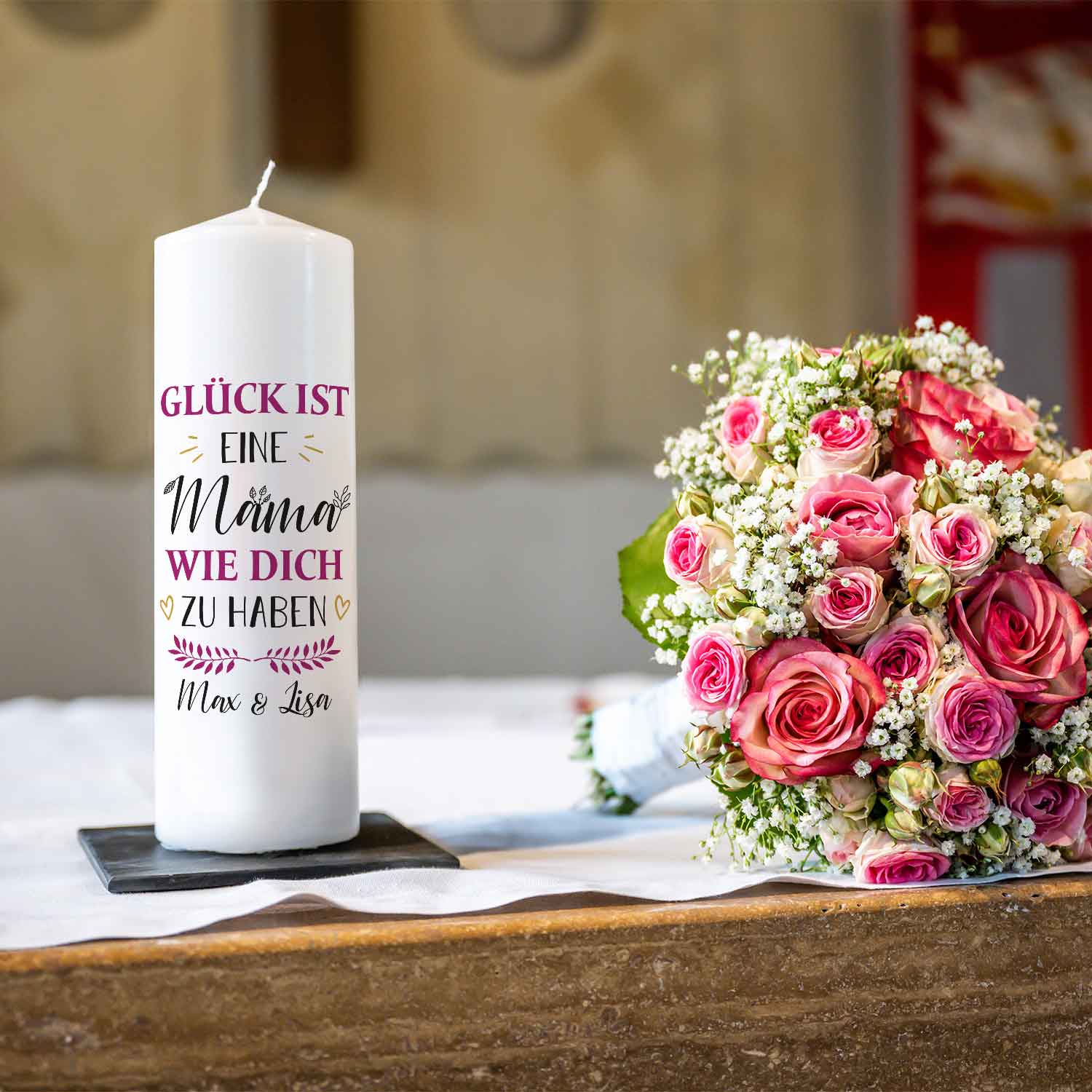 Große Kerze "Glück ist eine Mama" mit Namen - Geschenk für Mama zum Muttertag