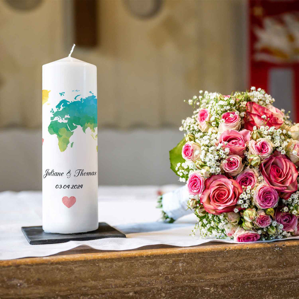 Große Kerze "Weltkarte" Hochzeitskerze mit Namen, Datum und Wunschtext