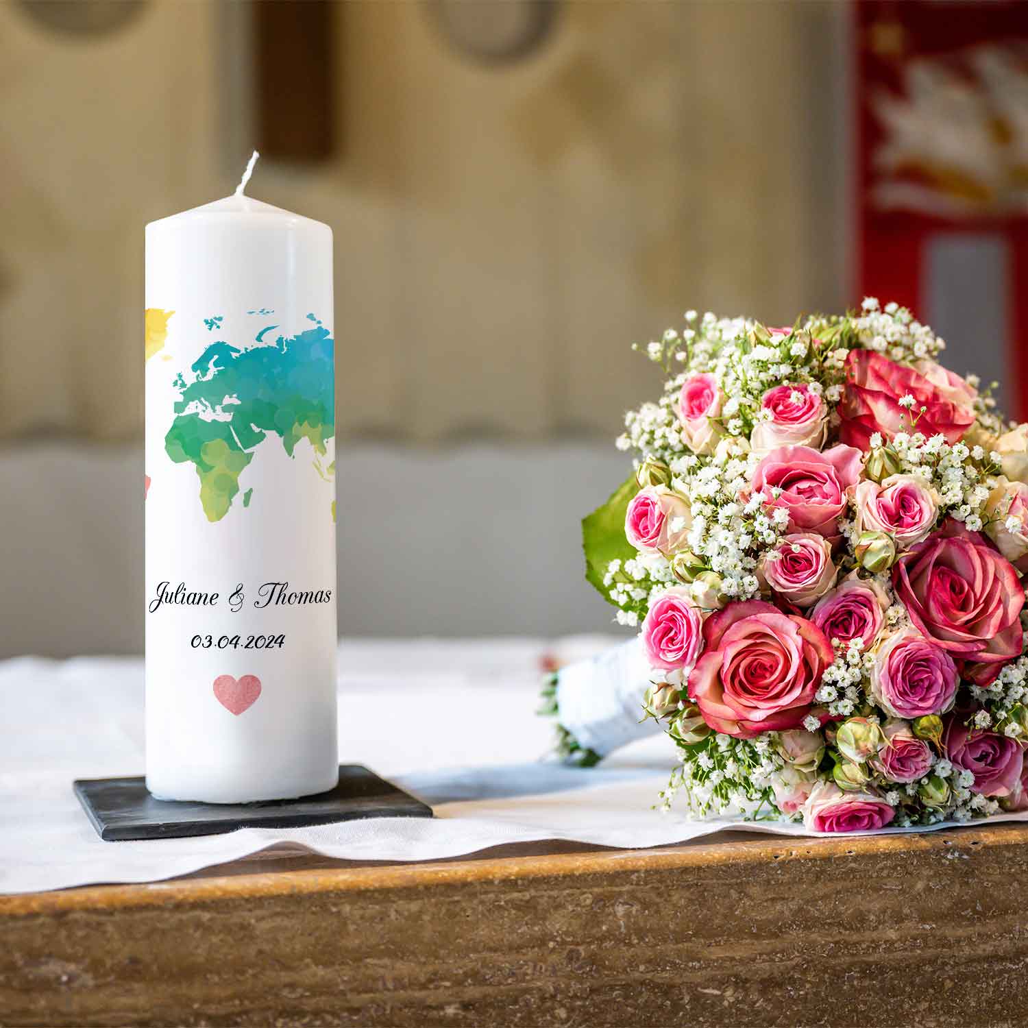 Große Kerze "Weltkarte" Hochzeitskerze mit Namen, Datum und Wunschtext