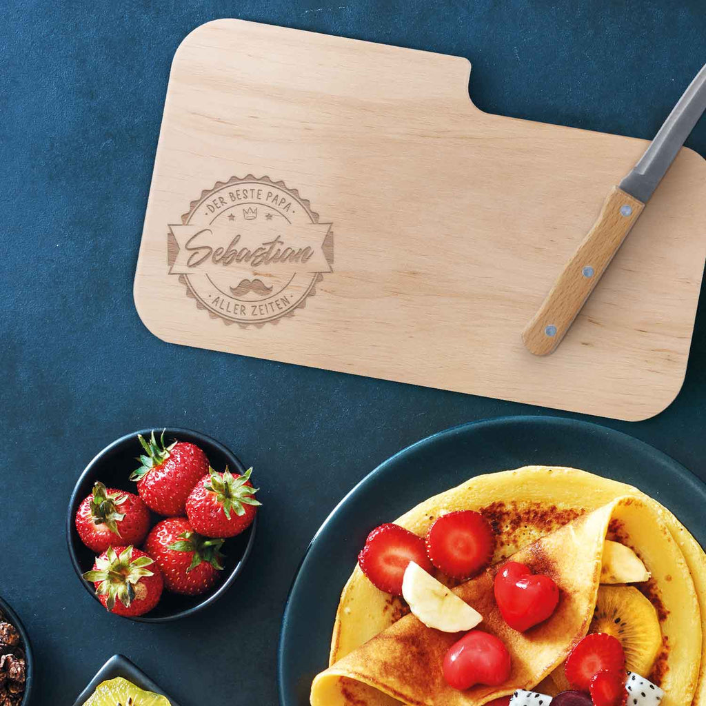 Frühstücksbrettchen mit Gravur - Inklusive Messer - Bester Papa Logo mit Name