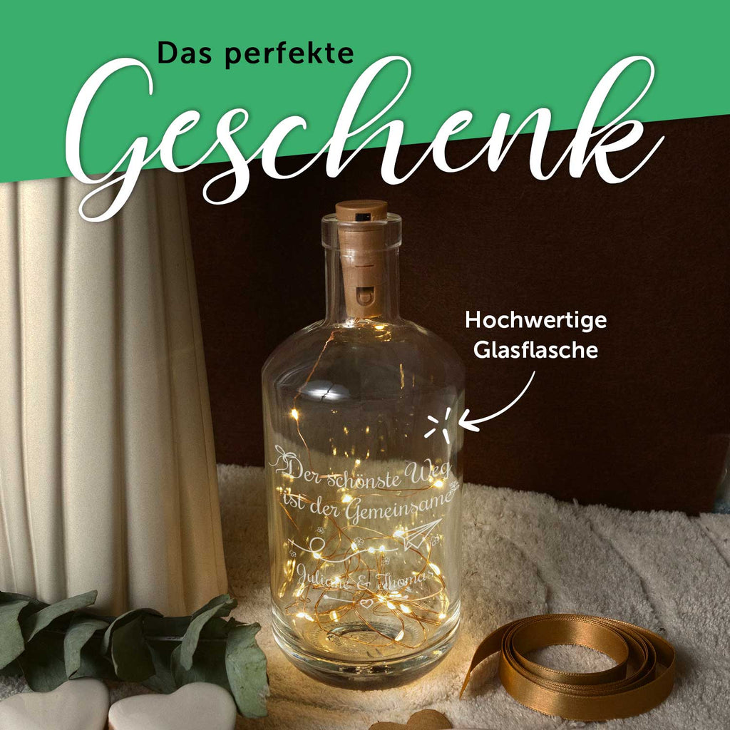 Flaschenlicht mit LED-Lichterkette und Gravur "Der schönste Weg"