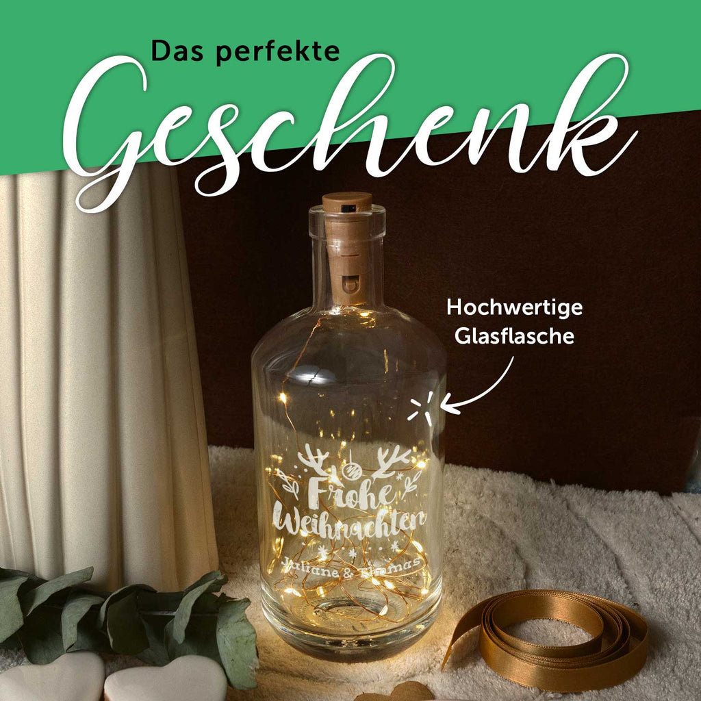 Flaschenlicht mit LED-Lichterkette im Frohe Weihnachten Design - Personalisiert mit 2 Namen