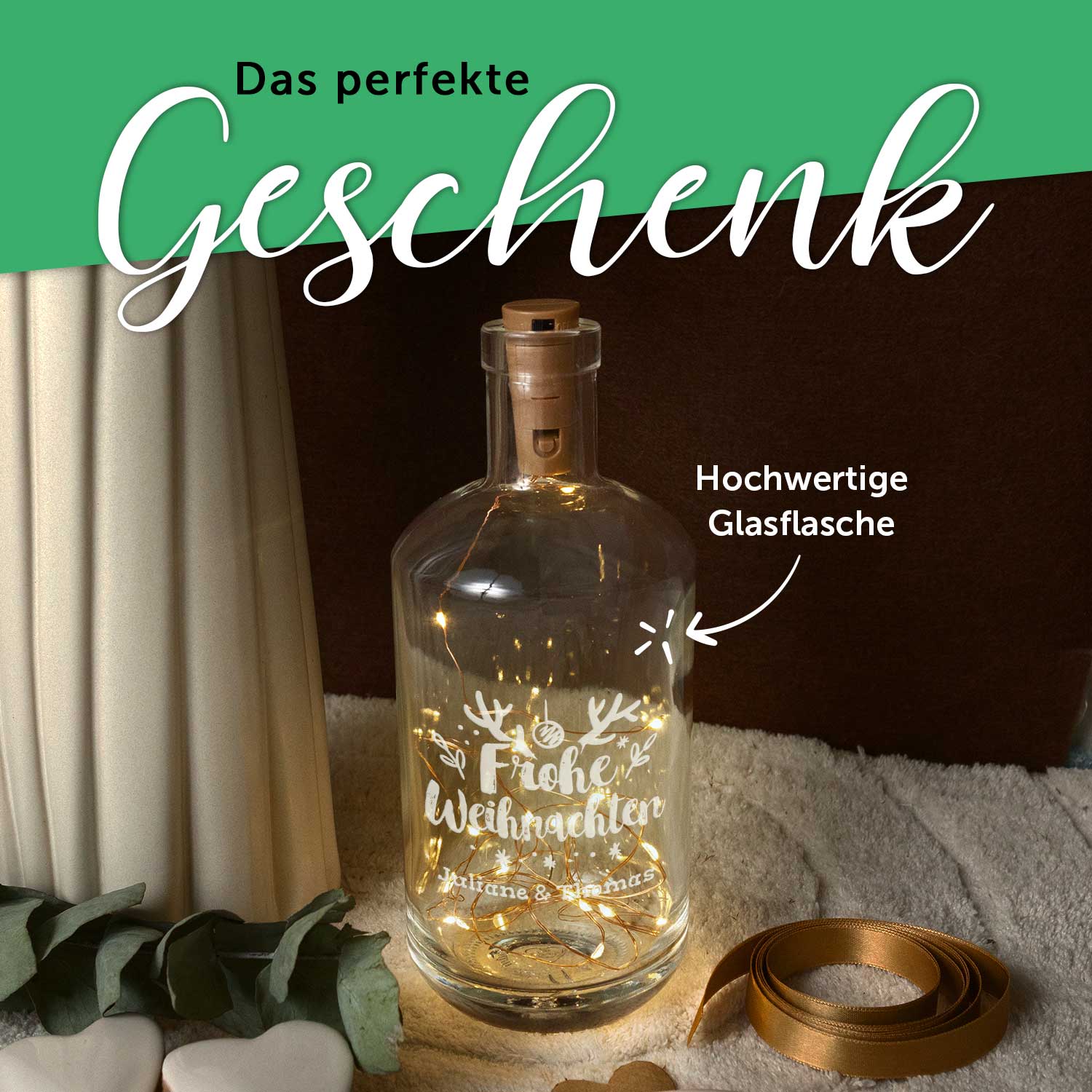Flaschenlicht mit LED-Lichterkette im Frohe Weihnachten Design - Personalisiert mit 2 Namen