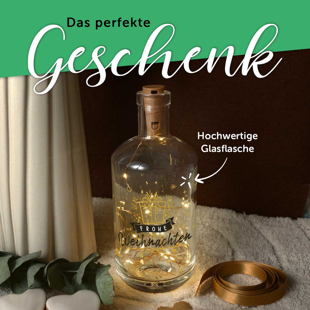 Flaschenlicht mit LED-Lichterkette und UV Druck - Goldenes Geschenk Design - Weihnachtsdekoration