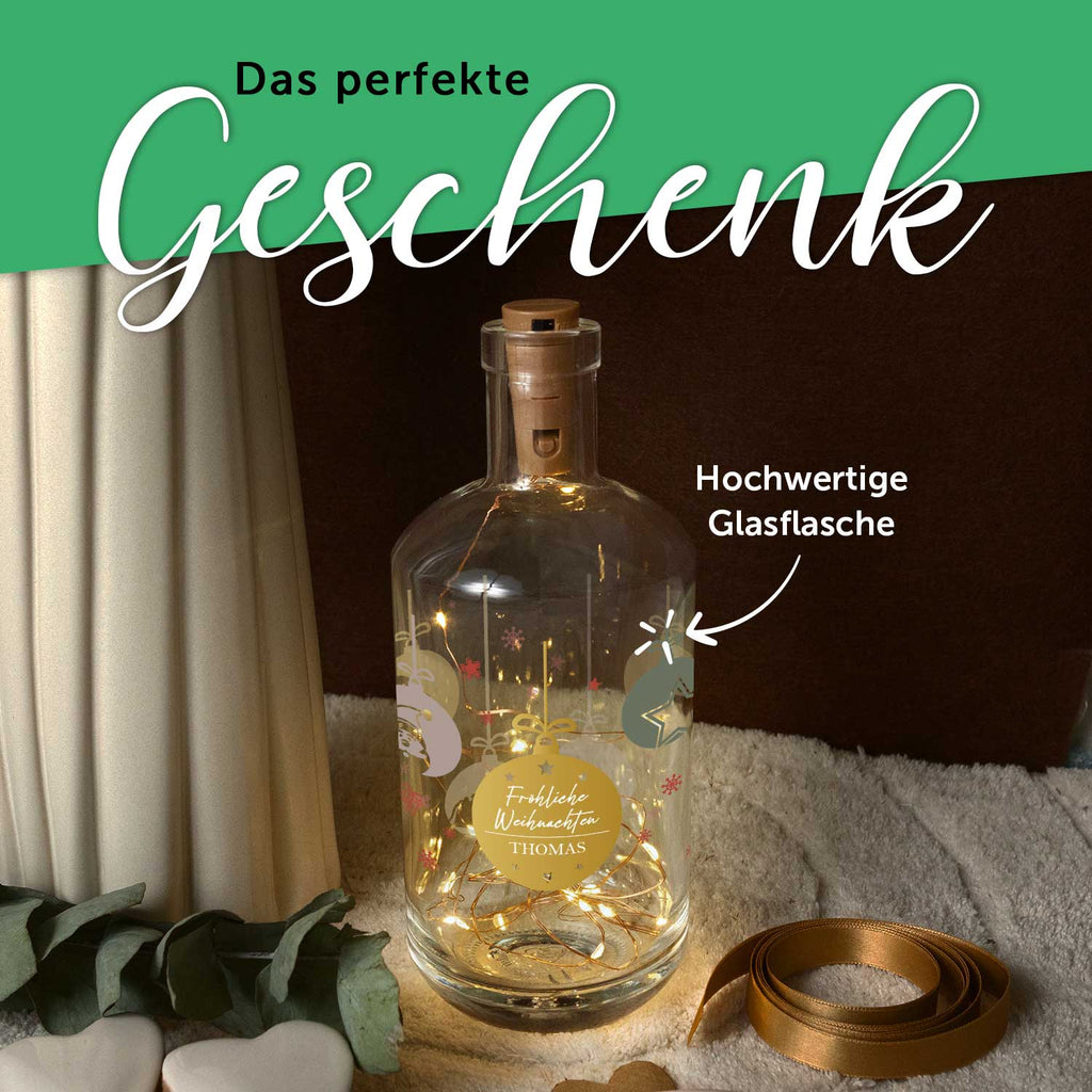 Flaschenlicht mit LED-Lichterkette und UV Druck - Weihnachtskugeln Design - Personalisiert mit Name