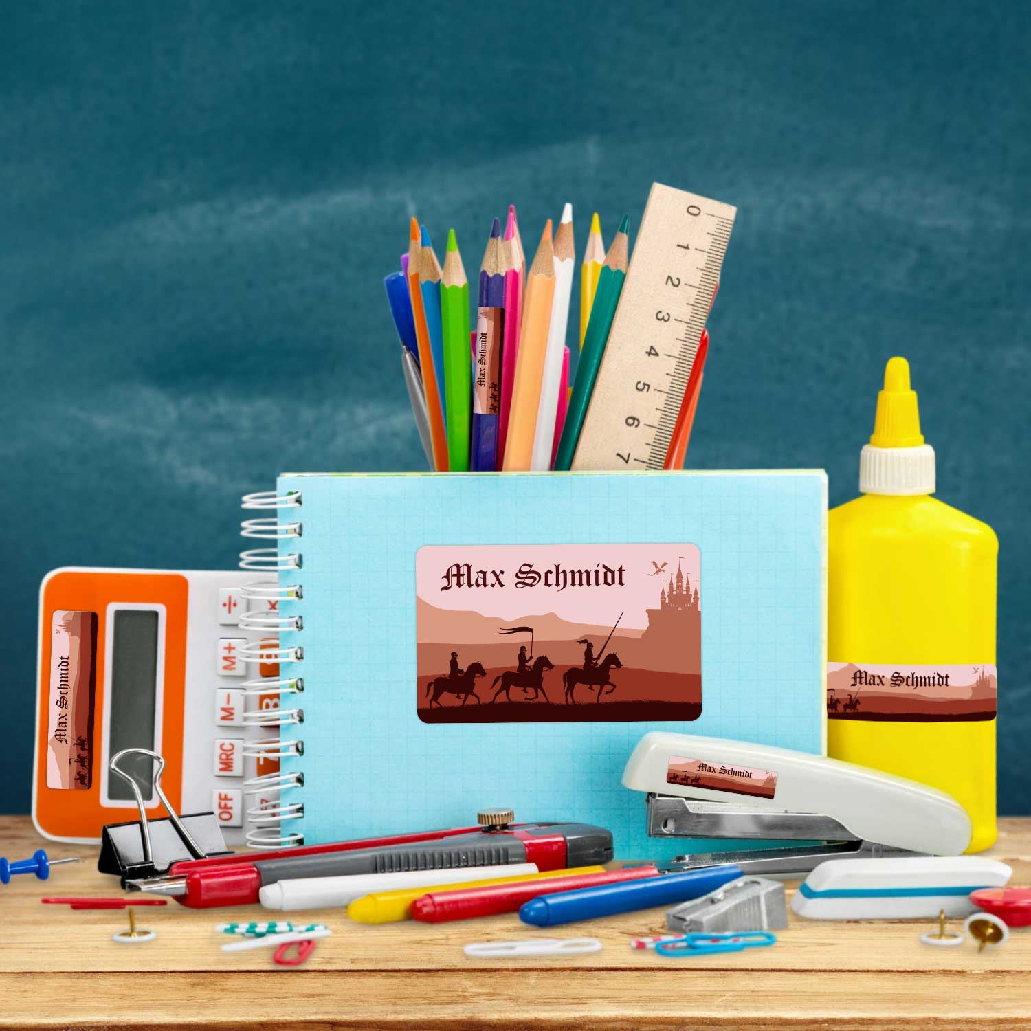 Schuletiketten mit Namen - Ritter Design - 100 Aufkleber in verschiedenen Größen