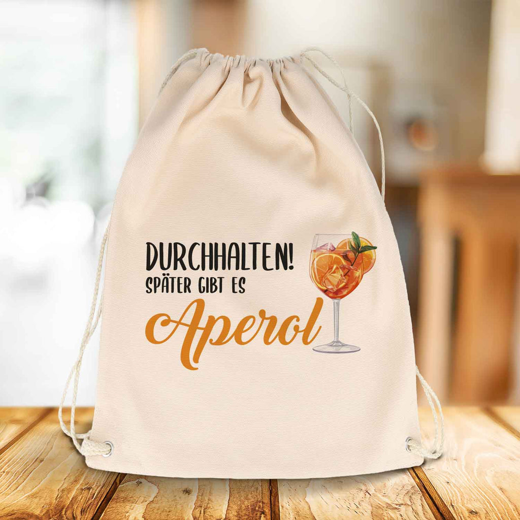 Bedruckter Turnbeutel im Durchhalten später gibt es Aperol Design