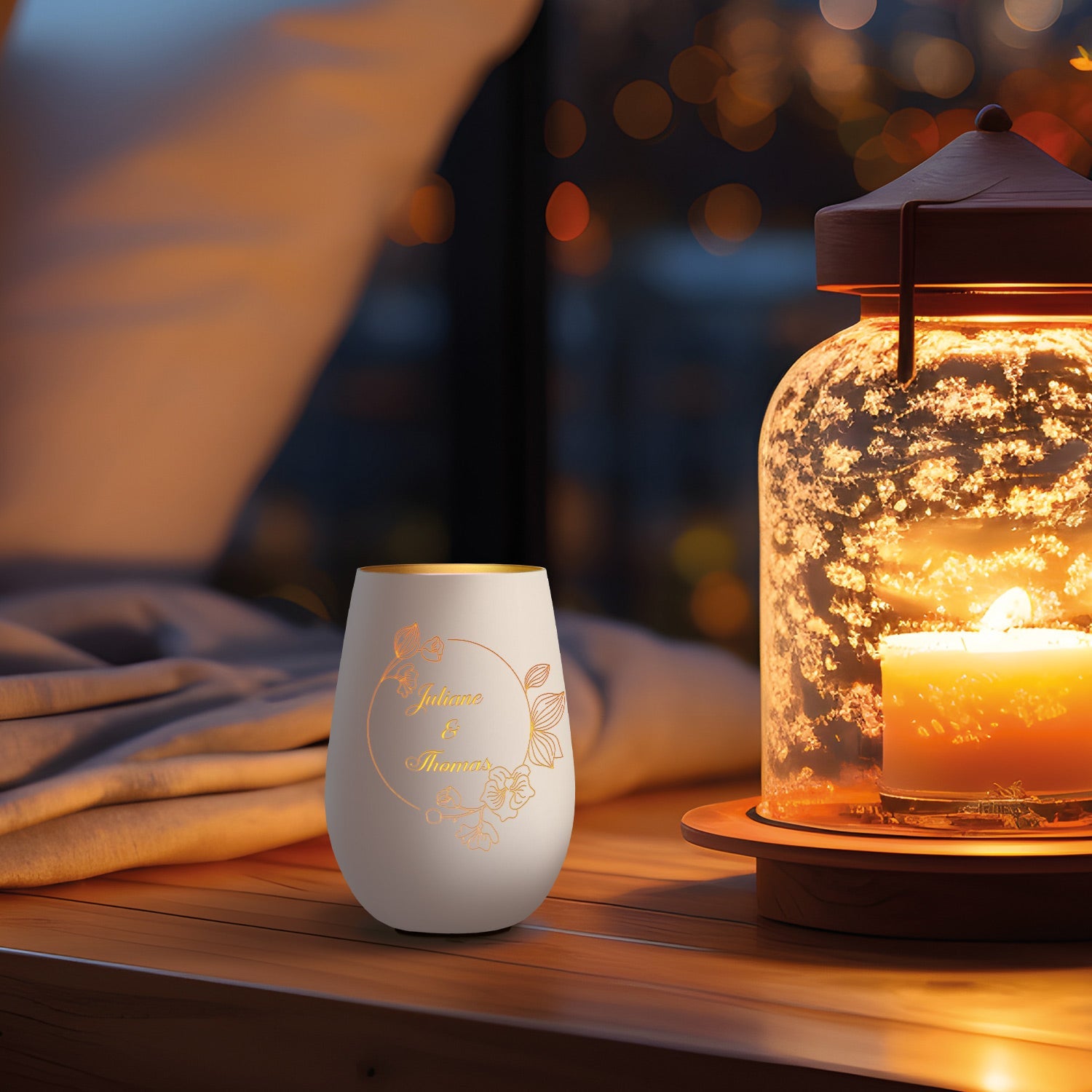 Deko Windlicht aus Glas mit Gravur - Nature Circle Flower - Personalisiert mit Namen