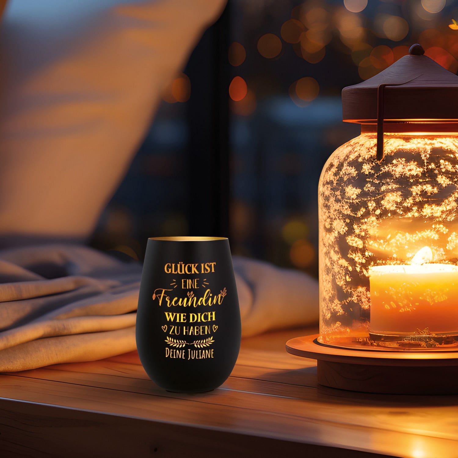 Deko Windlicht aus Glas mit Gravur - Glück ist eine Freundin wie Dich zu haben - Personalisiert mit