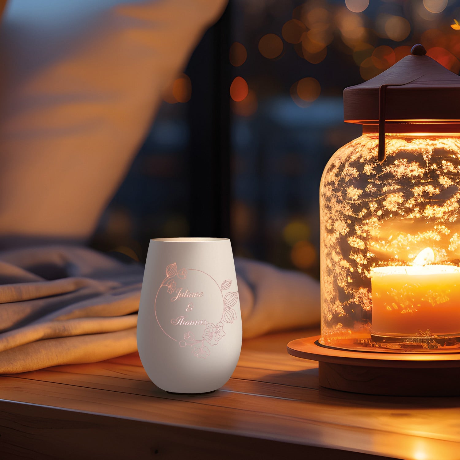 Deko Windlicht aus Glas mit Gravur - Nature Circle Flower - Personalisiert mit Namen