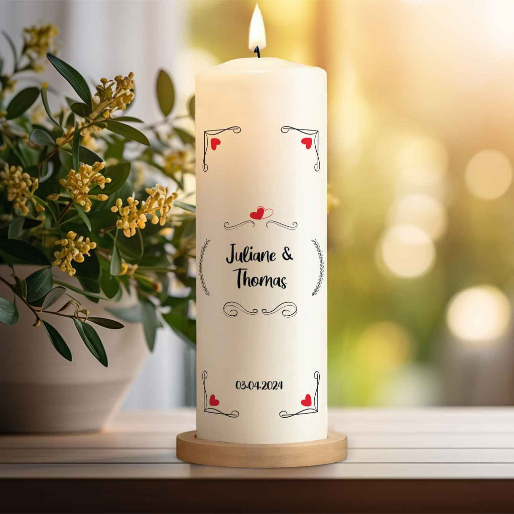 Große Kerze "Red Hearts" - Hochzeitskerze mit Namen, Datum & Wunschtext