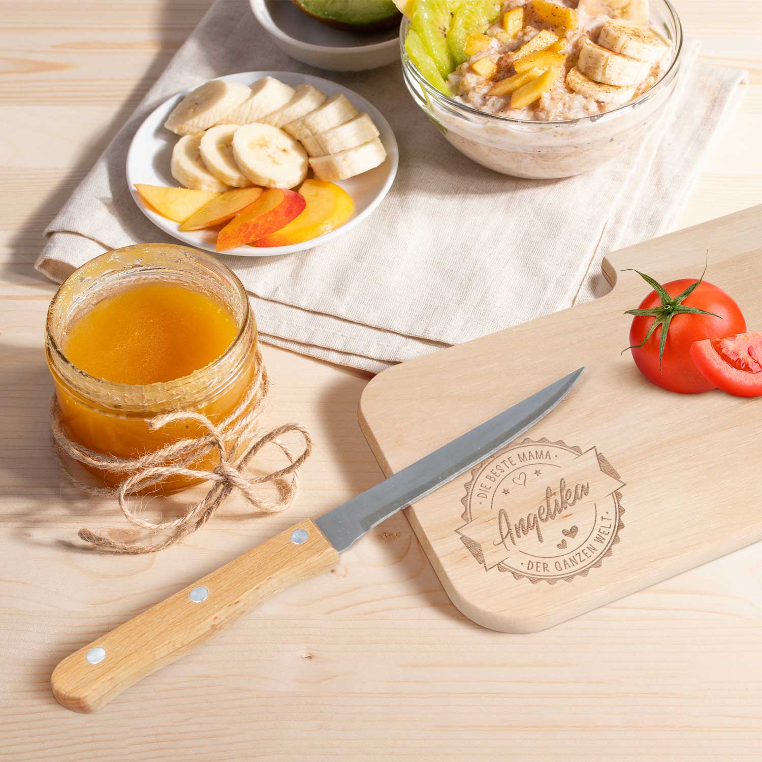 Frühstücksbrettchen mit Gravur - Inklusive Messer - Beste Mama Logo mit Name