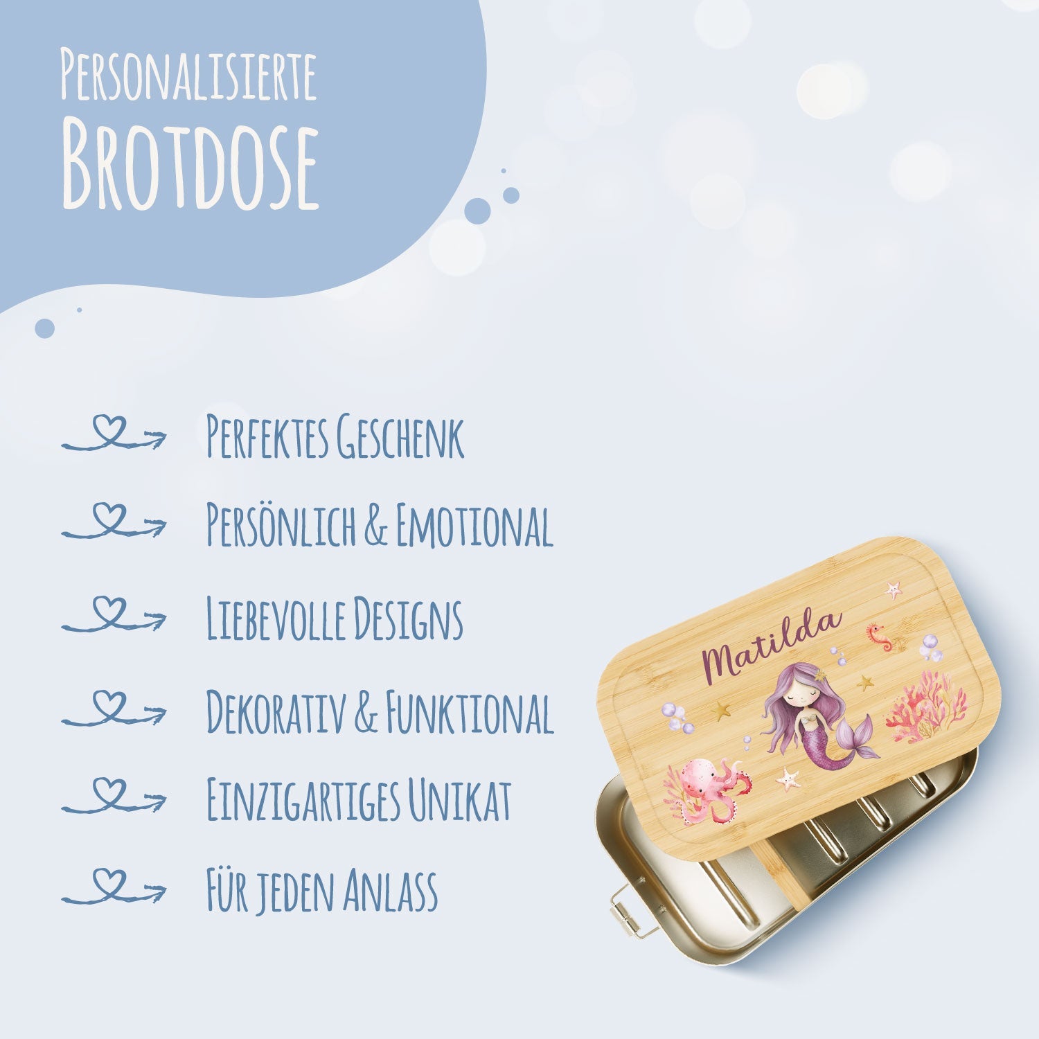 Brotdose mit Deckel für Kinder mit UV-Druck im "Meerjungfrau" Design