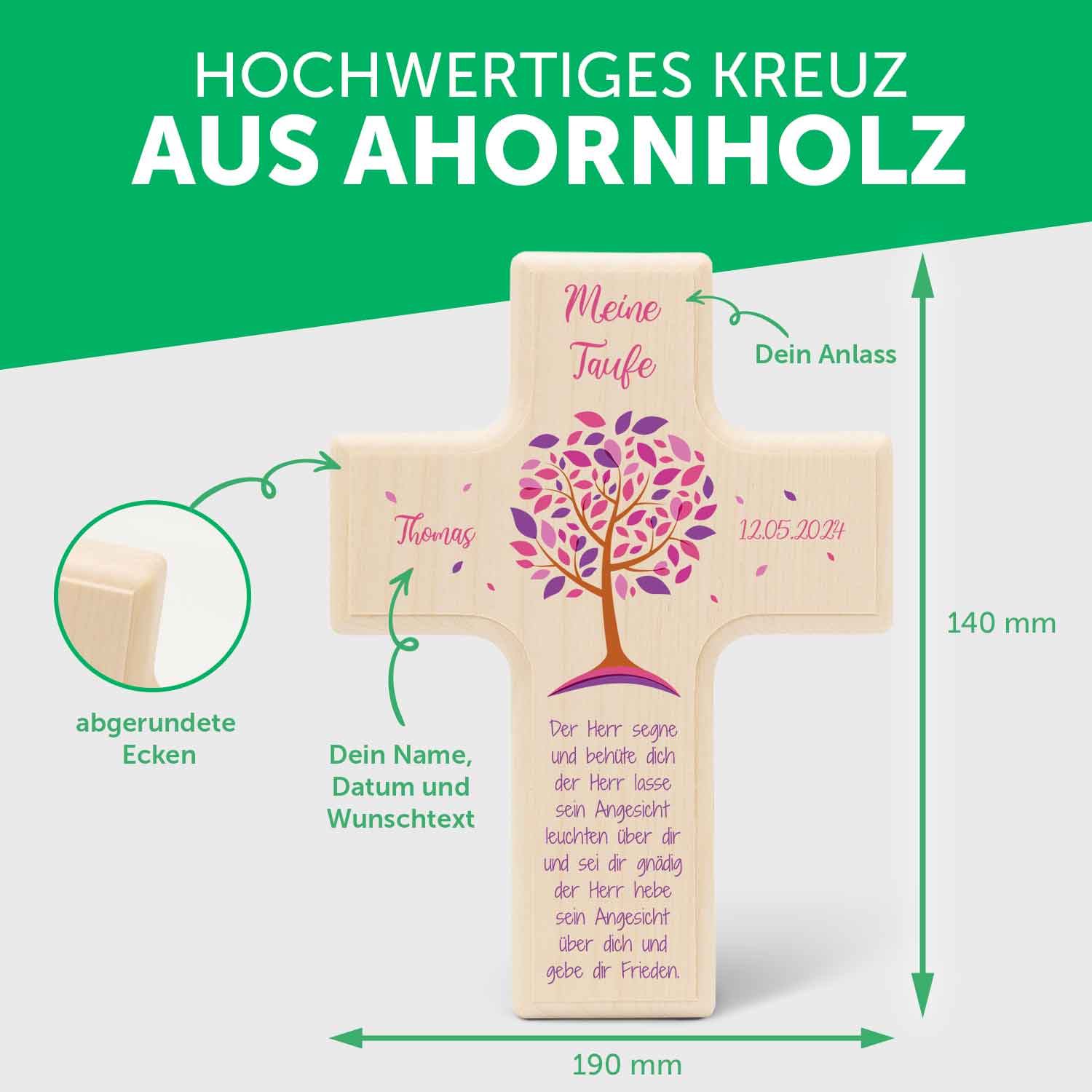 Personalisierbares Holzkreuz zur Taufe Konfirmation und Kommunion - Lebensbaum Design