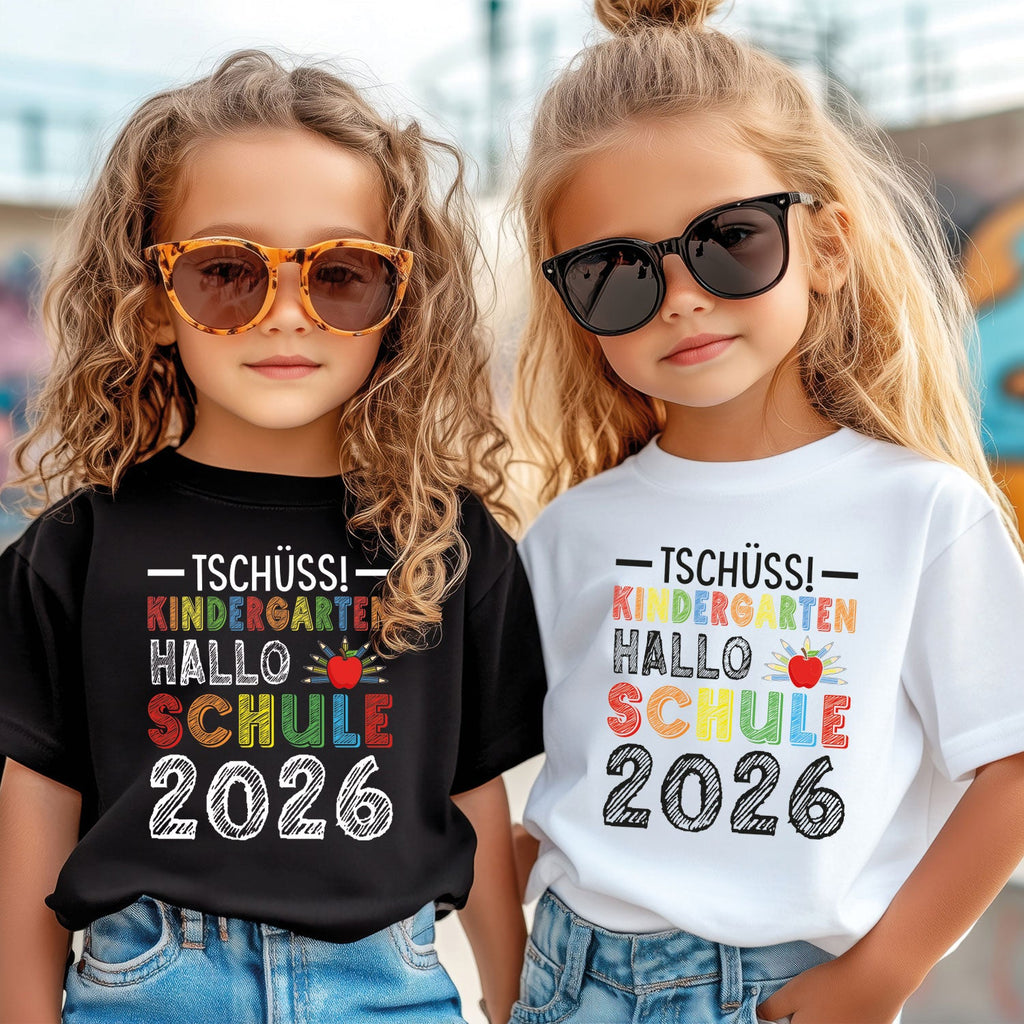 Bedrucktes T-Shirt für Kinder - Tschüss Kindergarten, Hallo Schule
