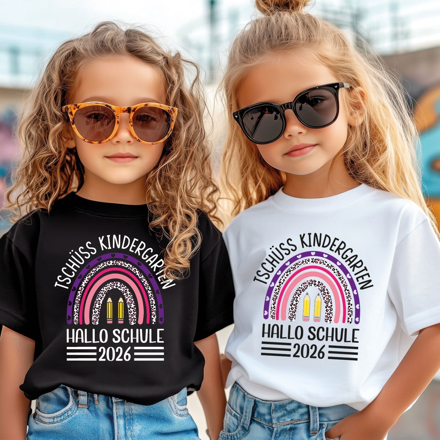 Bedrucktes T-Shirt für Kinder - Tschüss Kindergarten Regenbogen Lila