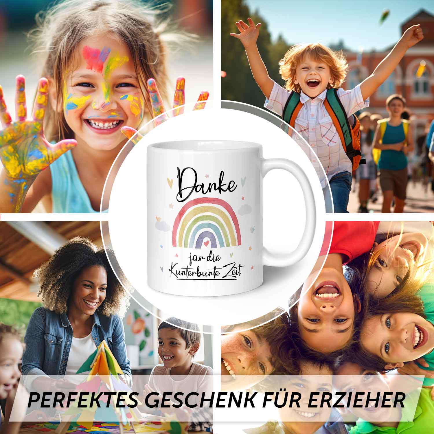 Bedruckte Tasse mit Spruch "Danke für die Kunterbunte Zeit"