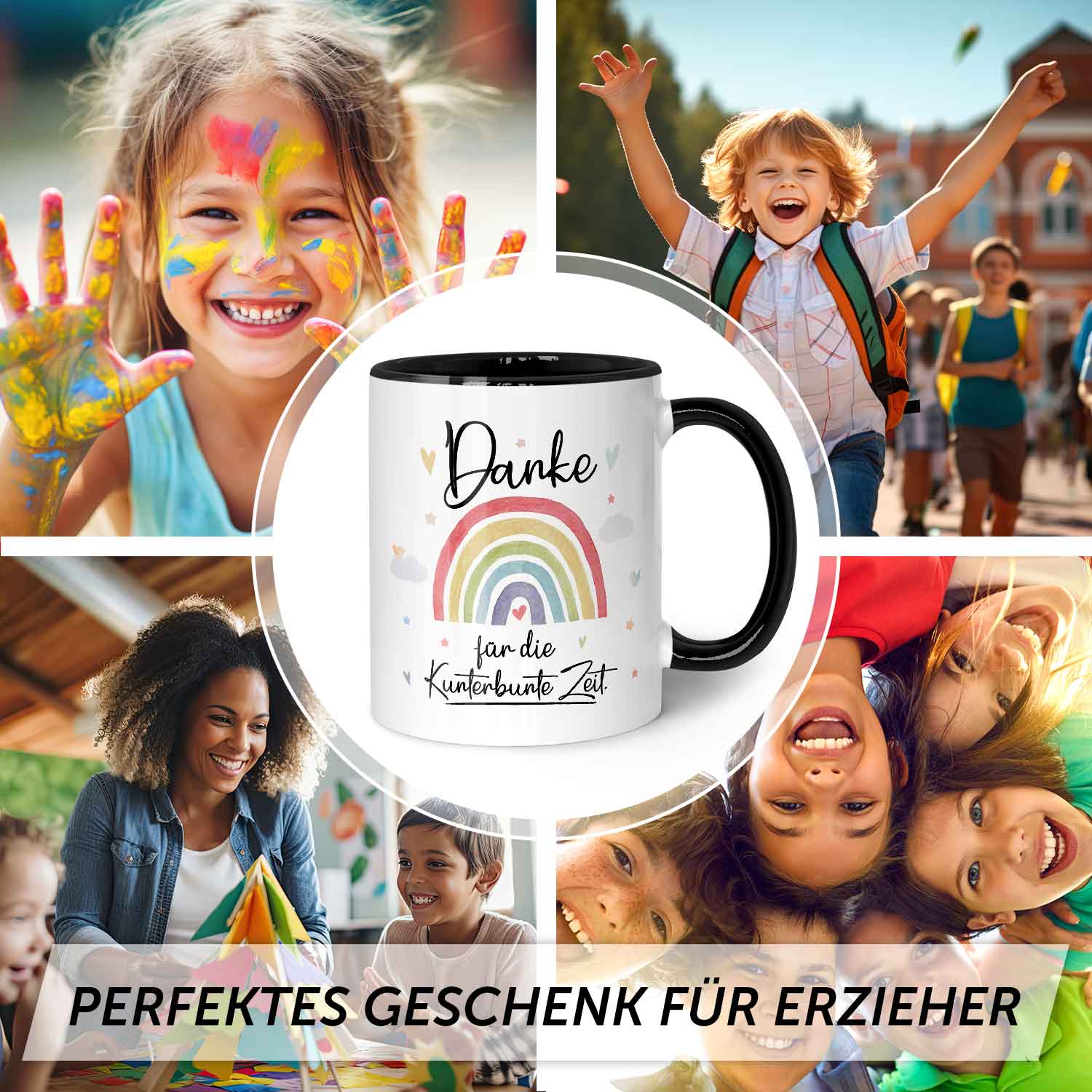 Bedruckte Tasse mit Spruch "Danke für die Kunterbunte Zeit"