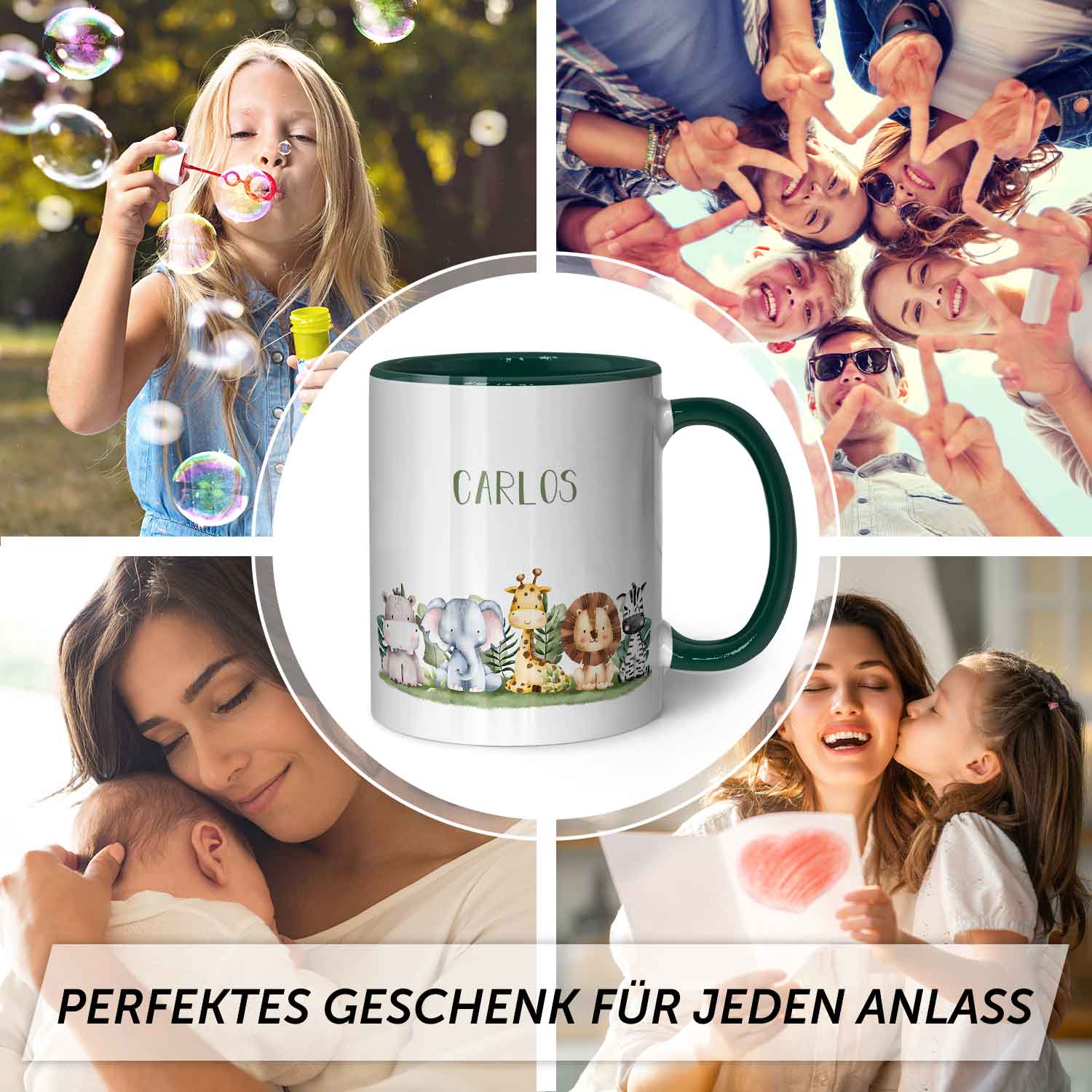 Bedruckte Tasse mit Name - Tiergruppe Safari