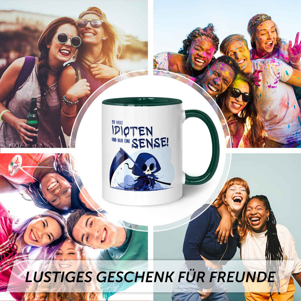 Bedruckte Tasse mit Spruch in blau - So viele Idioten und nur eine Sense