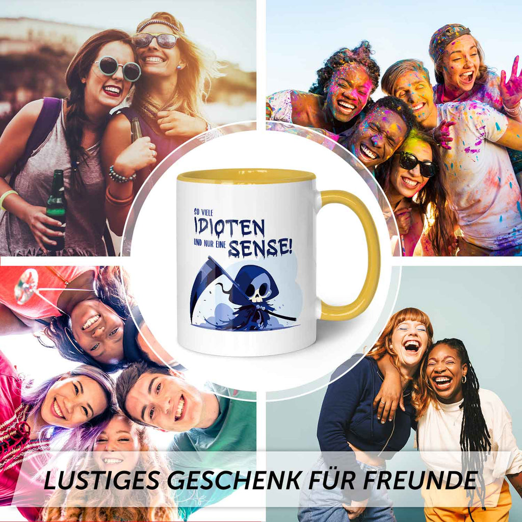 Bedruckte Tasse mit Spruch in blau - So viele Idioten und nur eine Sense
