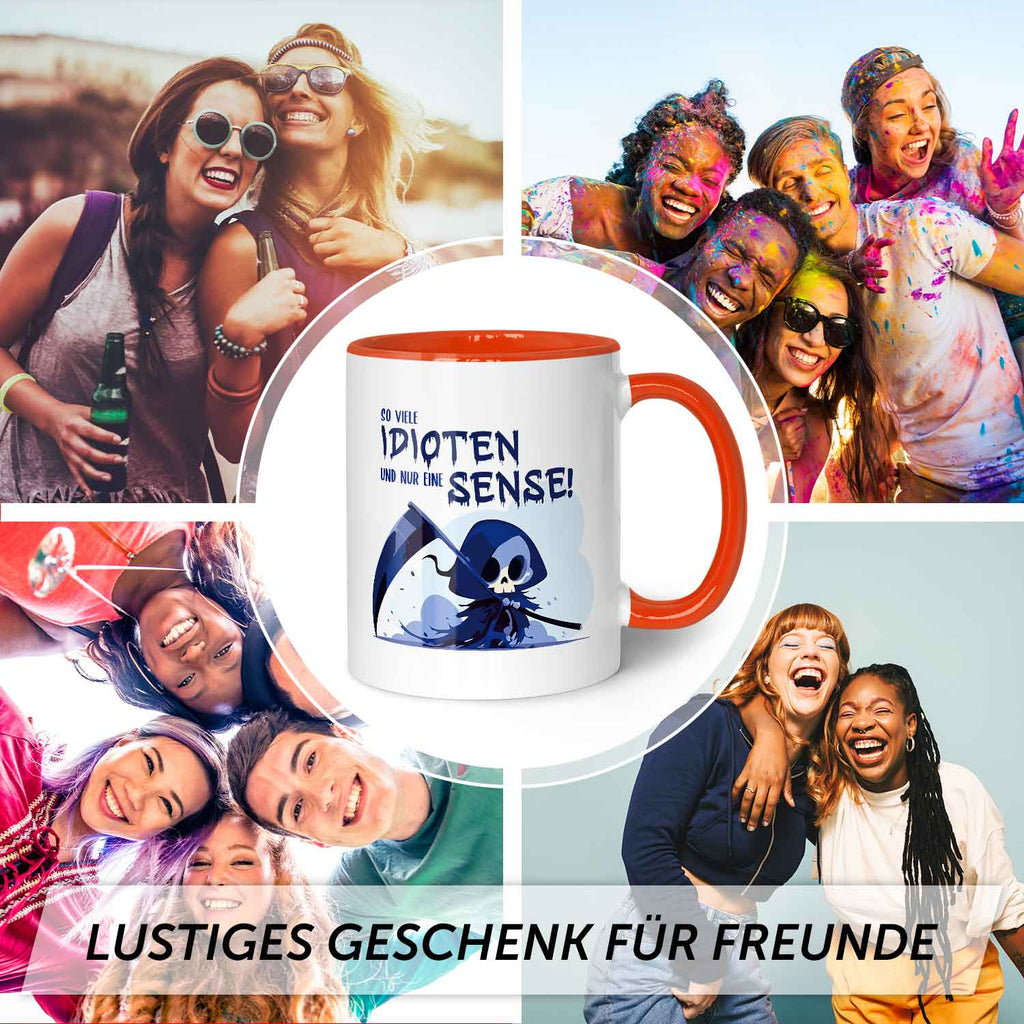 Bedruckte Tasse mit Spruch in blau - So viele Idioten und nur eine Sense