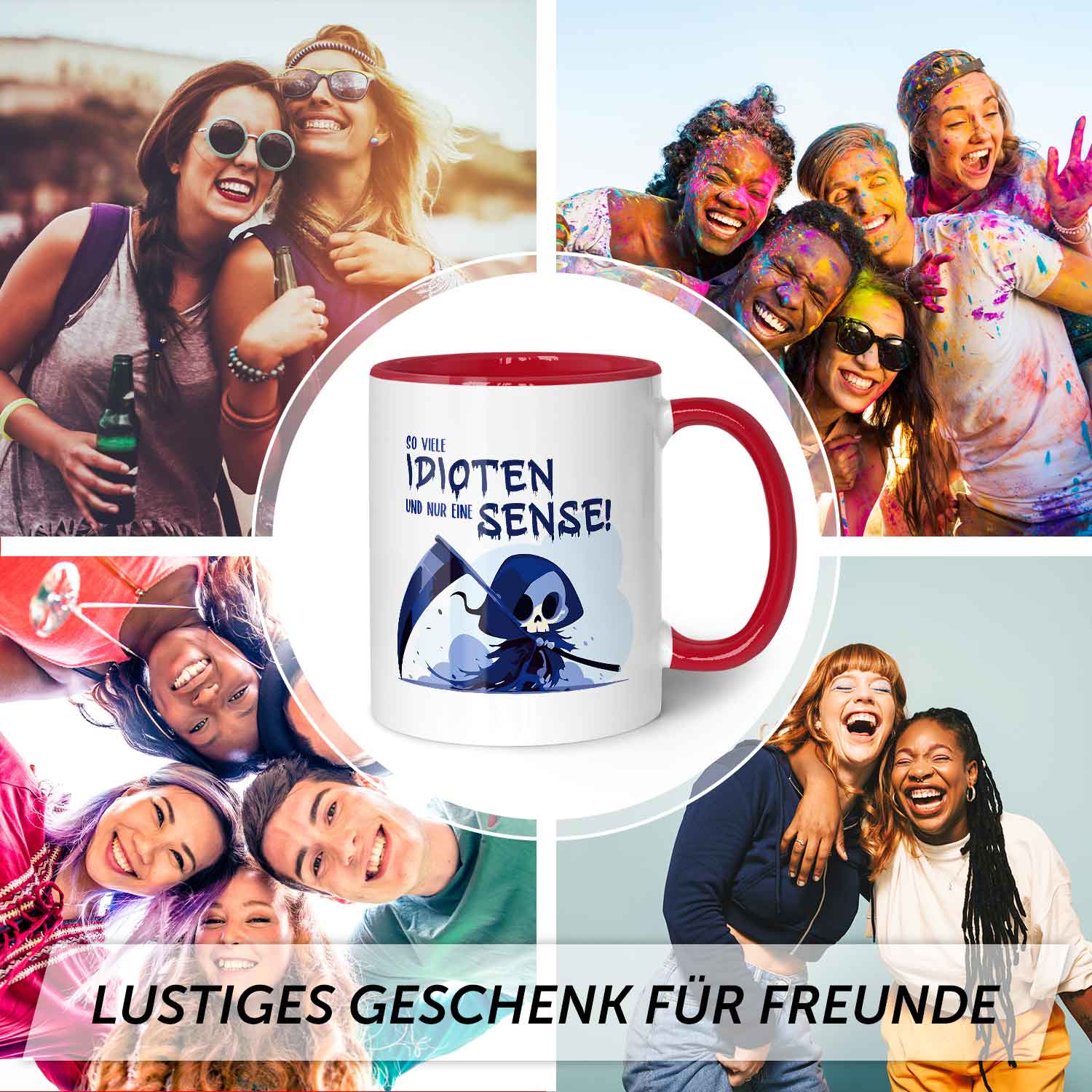 Bedruckte Tasse mit Spruch in blau - So viele Idioten und nur eine Sense