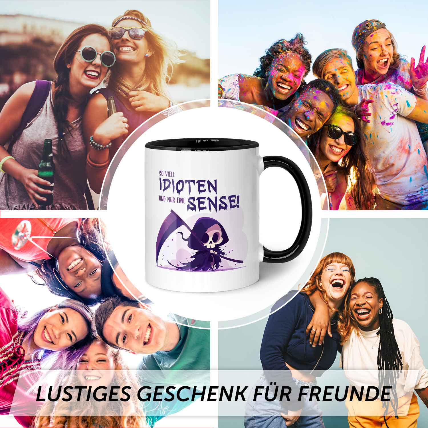 Bedruckte Tasse mit Spruch in lila - So viele Idioten und nur eine Sense