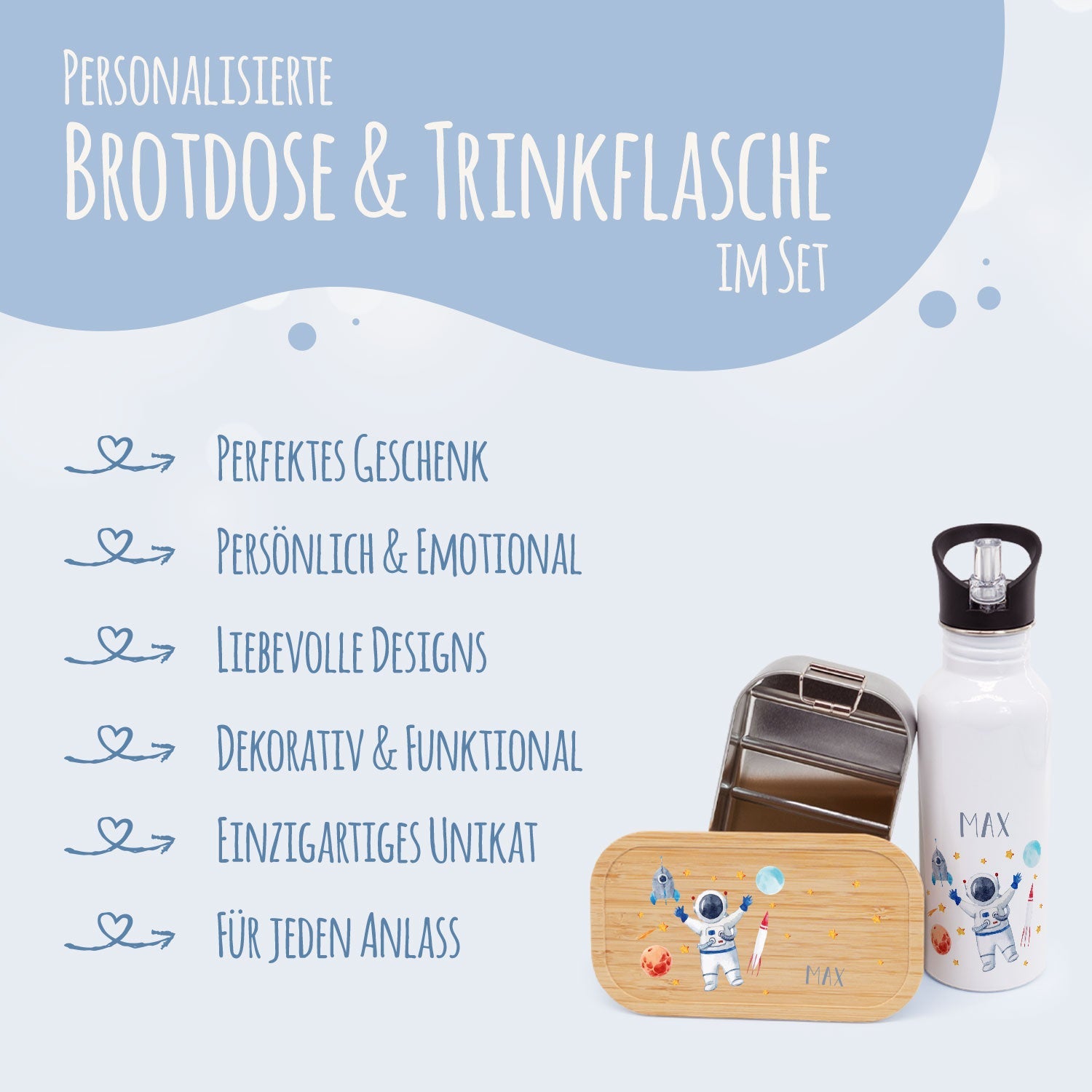 Bedruckte Brotdose & Trinkflasche im Set - Astronaut