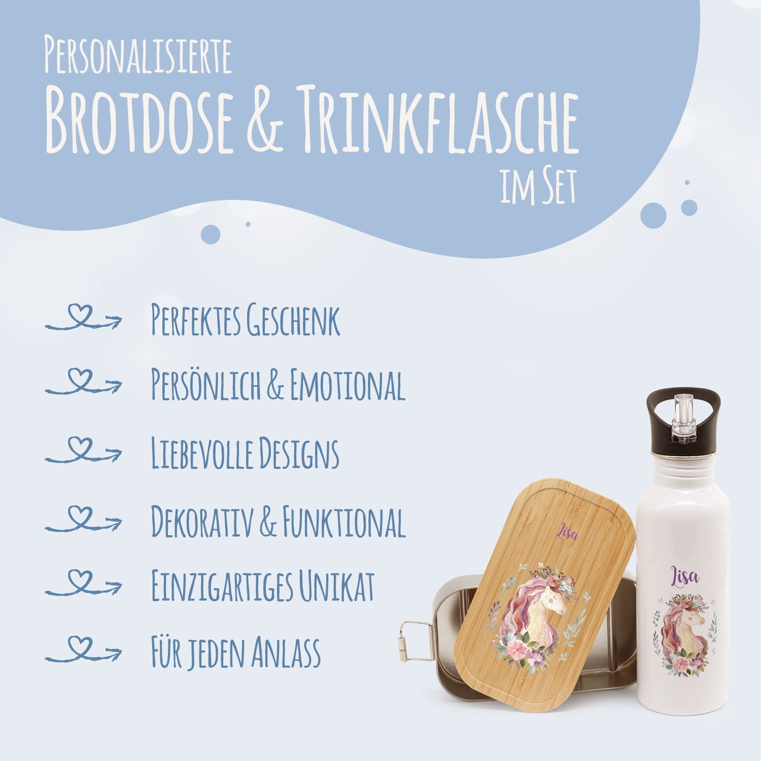 Bedruckte Brotdose & Trinkflasche im Set - Einhorn V2