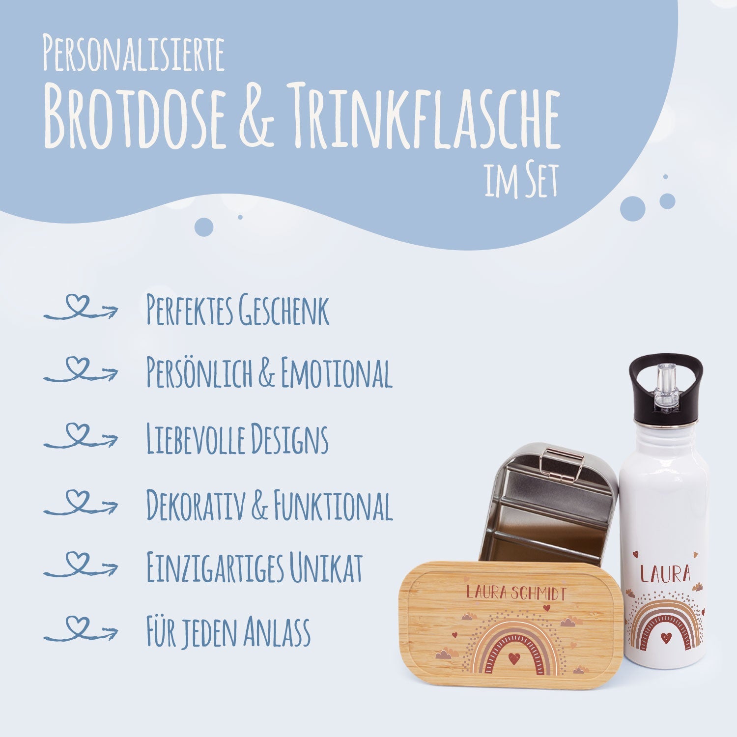 Bedruckte Brotdose & Trinkflasche im Set - Regenbogen