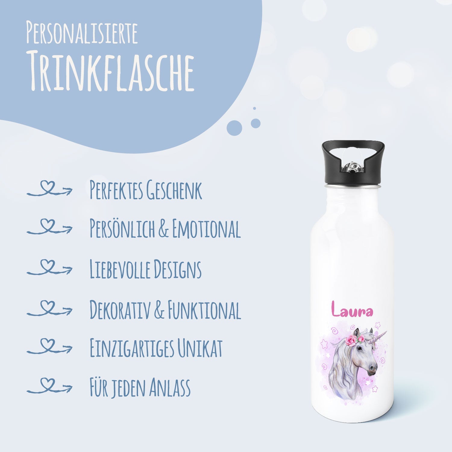 Bedruckte Trinkflasche aus Edelstahl - Einhorn